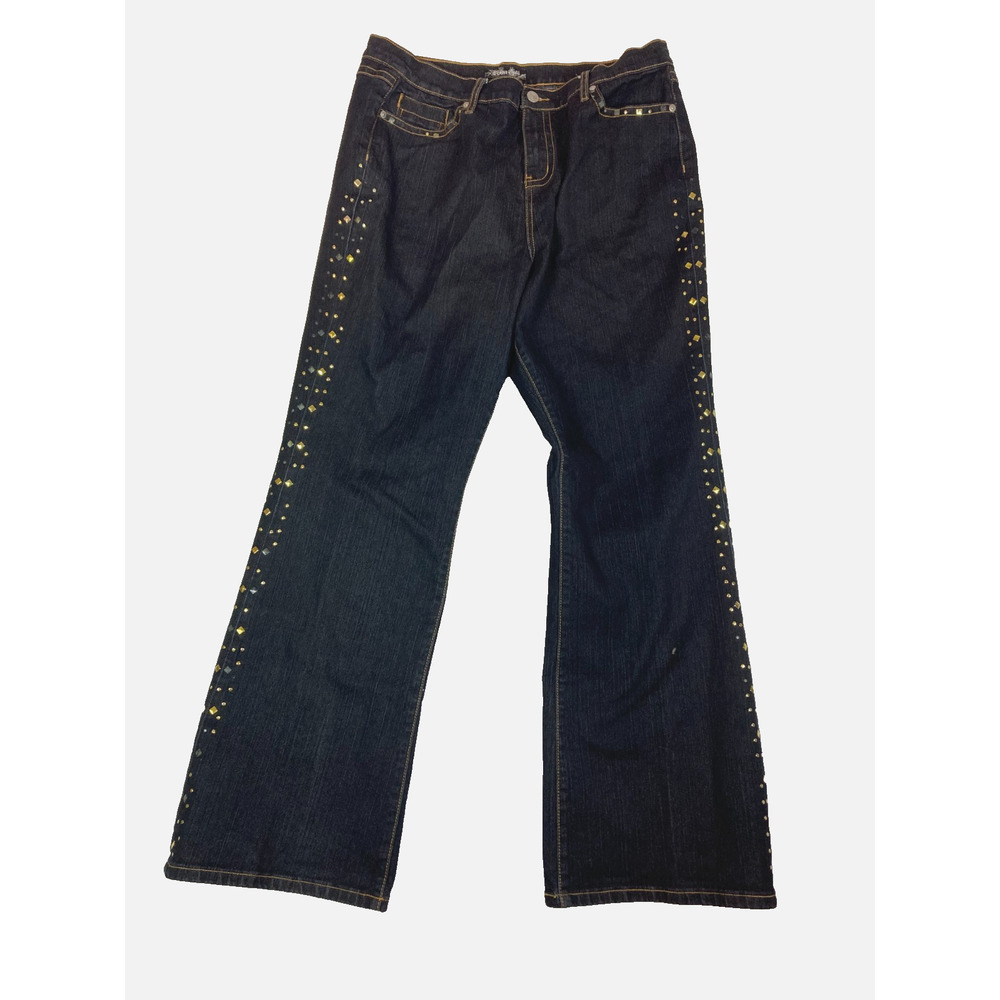 Brama Gold Women's Studded Flare Leg Denim Dark Wash Jeans Size 16 High Rise‎